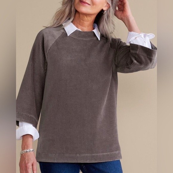 Soft Surroundings Samina Corduroy Pullover Sweatshirt Shoreline Grey Medium NEW - Picture 1 of 15